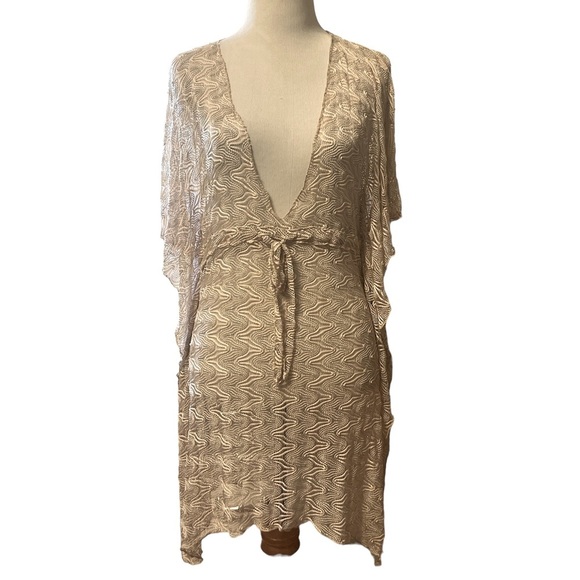 Becca swimsuit cover-up, deep, V-neck, tie at waist, lace fabric, side slits - Picture 1 of 10
